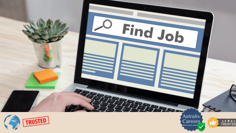 Professional warning concept showing a job seeker reviewing overseas job documents while a caution symbol highlights risks of overseas job consultancy scams and fake visa agents.