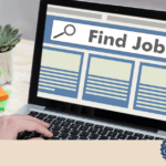 Professional warning concept showing a job seeker reviewing overseas job documents while a caution symbol highlights risks of overseas job consultancy scams and fake visa agents.